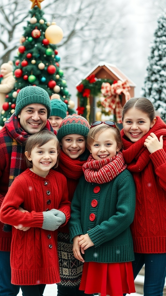A family in festive outfits posing for a Christmas card photo in a snowy setting with a decorated tree.